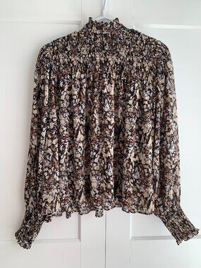 House of Harlow Floral Print Chiffon Blouse Size L Long Sleeve Mock Neck Mesh
